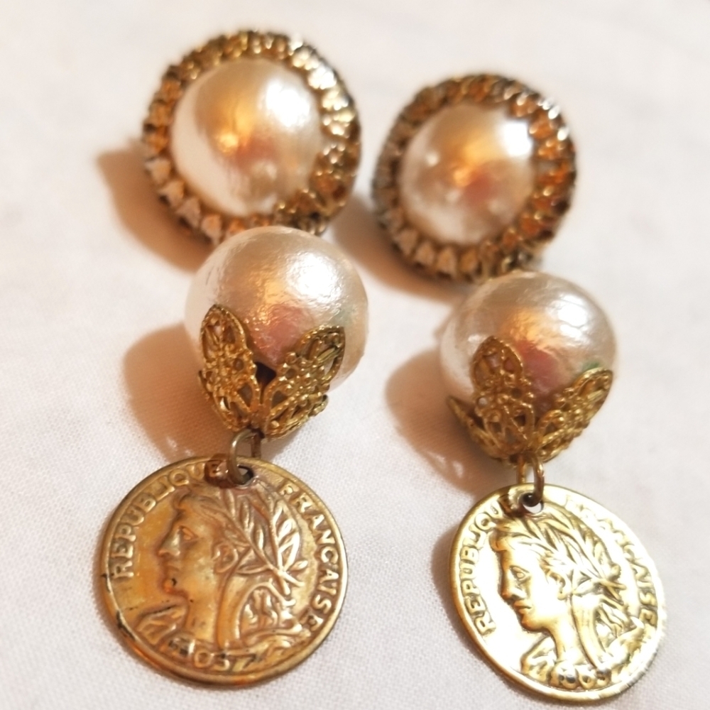 Rare Miriam Haskell Vintage Pearl Republique Francais Coin Earrings - Picture 7 of 10
